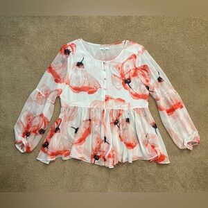 Halston Heritage White Blouse with Coral Wash Print